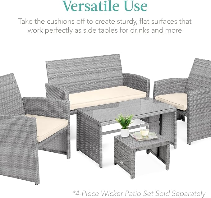 Best Choice Products Set of 2 Wicker Ottomans, Multipurpose Outdoor Furniture for Patio, Backyard, Additional Seating, Footrest, Side Table w/Removable Cushions, Steel Frame - Gray/Cream