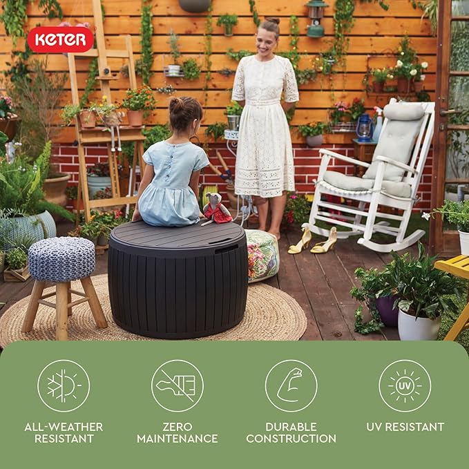 Keter Circa 37 Gallon Deck Box Organizer, Works as Ottoman Chair or Side Table, Brown – Large Resin Round Outdoor Storage and Seating for Garden, Pool, and Patio