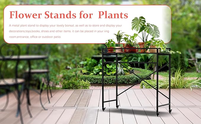 Zhongma 1 Tier Sturdy Metal Plant Stand with Wheels, 40.5x16x40.4 in High, Heavy Duty Succulent Shelf for Home Indoor and Outdoor, 220 LBS Capacity & Heavy Duty Construction