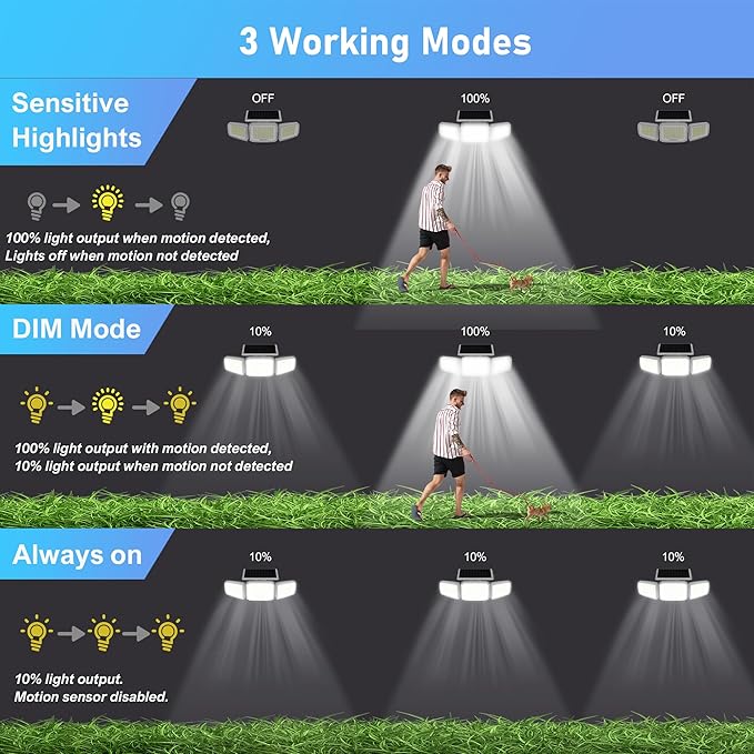 White Solar Security Light Outdoor Super Bright LED, Motion Sensor Flood Light, 3 Heads 270° Wide Angle, Remote Control, IP65 Waterproof, 3 Modes (2 Packs)