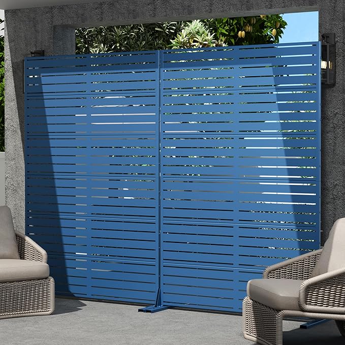 Casaphoria Metal Privacy Screen Outdoor, 72" H x 47" W Freestanding Decorative Privacy Screen for Patio Deck Balcony Garden with Stable Base, Louvered Blue