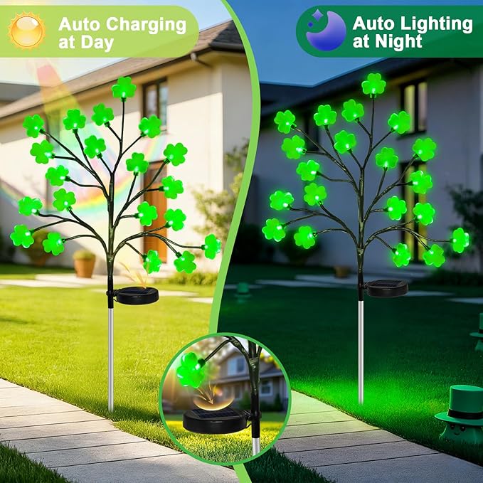 4 Pack St Patricks Day Solar Outdoor Lights, 80 LED St Patricks Day Decorations, Solar Shamrock Stakes Lights with 8 Modes, Waterproof Lucky Green Clover Pathway Light for Yard Garden Lawn Decor