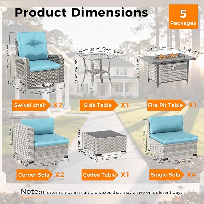 8-Seat Outdoor Wicker Patio Furniture Set with Fire Pit Table, Modular Rattan Sectional Sofa & 2 Swivel Rocking Chairs, 4" Thick Cushions, Rust-Resistant Frame,Blue