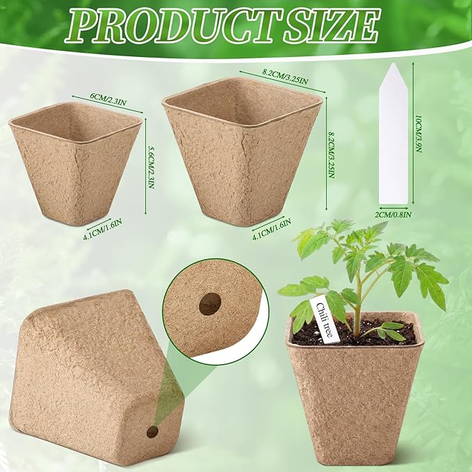 120 Pcs Square Peat Pots for Seedlings with 120 Plant Labels 3.25 and 2.3 Inch Seed Plant Starting Biodegradable Nursery Pots with Drainage Holes for Indoor Outdoor Gardens