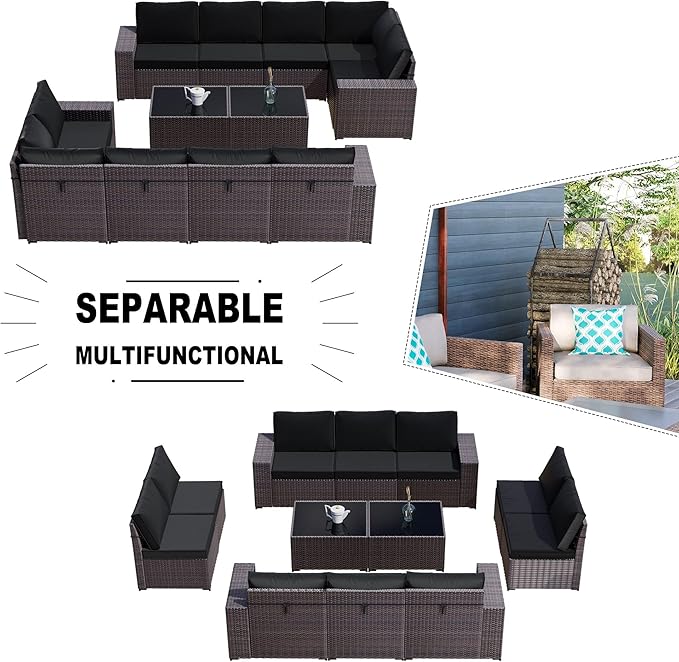 Kullavik 12 Pieces Outdoor Patio Furniture Set PE Wicker Rattan Sectional Sofa Patio Conversation Sets,Black