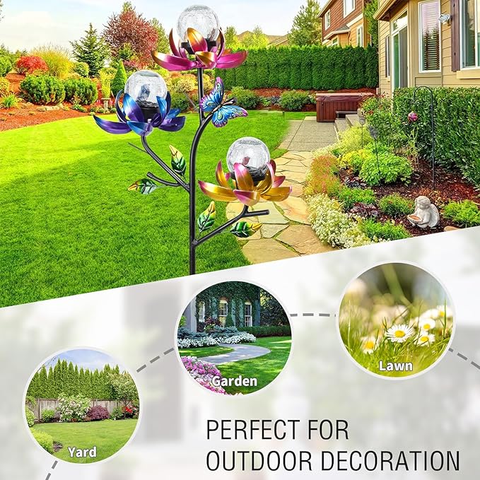 Solar Lights Outdoor Decorative Lotus Flowers Wind Spinner Garden Stake with LED Crackle Balls Solar Wind Sculpture Yard Art Decor for Patio, Lawn & Garden