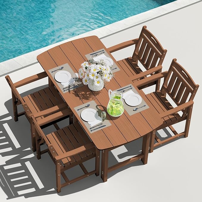 5-Piece Outdoor Dining Furniture Set with Chairs, All-Weather HDPE Patio Table and 4 Chairs, Umbrella Hole, for Garden Backyard or Deck - Teak