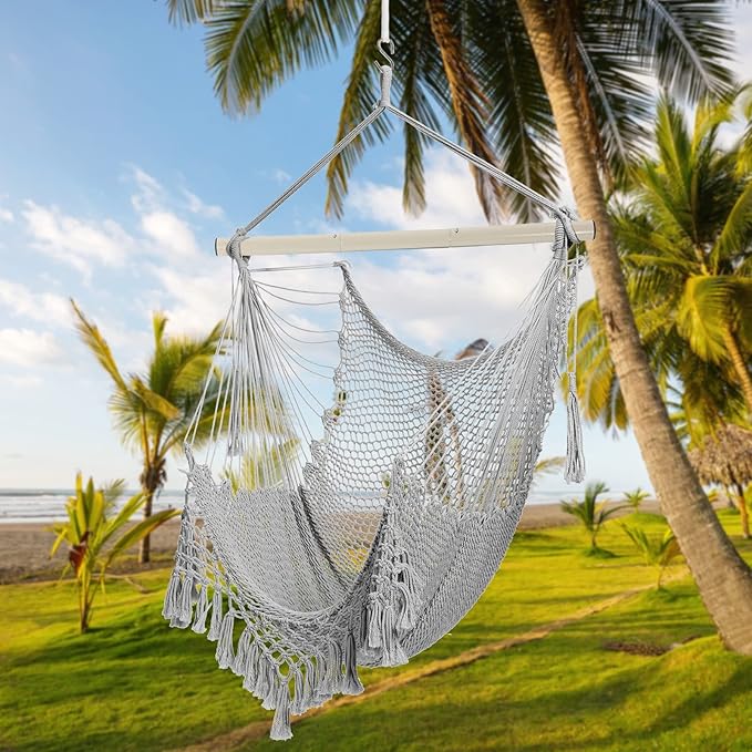 Hammock Chair，Max 330lbs, Large Hanging Chair, Soft Cotton Rope Swing Chair with High Load-Bearing Metal Rod,Indoor Outdoor Garden Yard Living Room Use