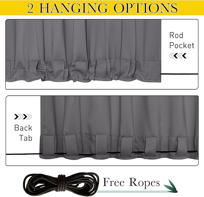 NICETOWN 2 Panels Blackout Weighted Outdoor Curtains for Patio Waterproof, Grommet & Back Tab on Top & Bottom Keep Privacy Light & Sound Block for Porch with Bonus Rope for Fixed, Grey, W52 x L72