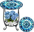 Outdoor Side Table Round Small Mosaic Patio Accent Indoor End Plant Coffee Tea Table for Yard Patio Porch Garden Living Room, Bedroom(Mandala Style,18 Inch)