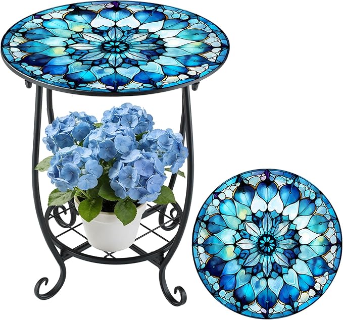 Outdoor Side Table Round Small Mosaic Patio Accent Indoor End Plant Coffee Tea Table for Yard Patio Porch Garden Living Room, Bedroom(Mandala Style,18 Inch)