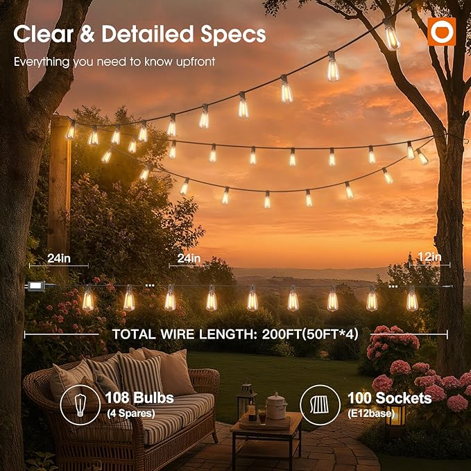 addlon 200FT(50FT*4) Outdoor String Lights with Remote,Waterproof Patio Lights with 108 Shatterproof Dimmable ST38 LED Bulbs Connectable Outdoor Lighting for Backyard Bistro Garden Bistro 2FT Spacing