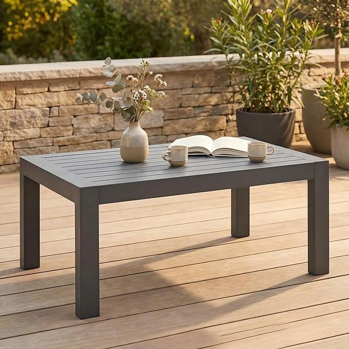 Solaste Aluminum Outdoor Coffee Table, All-Weather Rectangle Metal Patio Coffee Table Furniture for Balcony, Garden, Indoor or Outdoor Use, Dark Grey