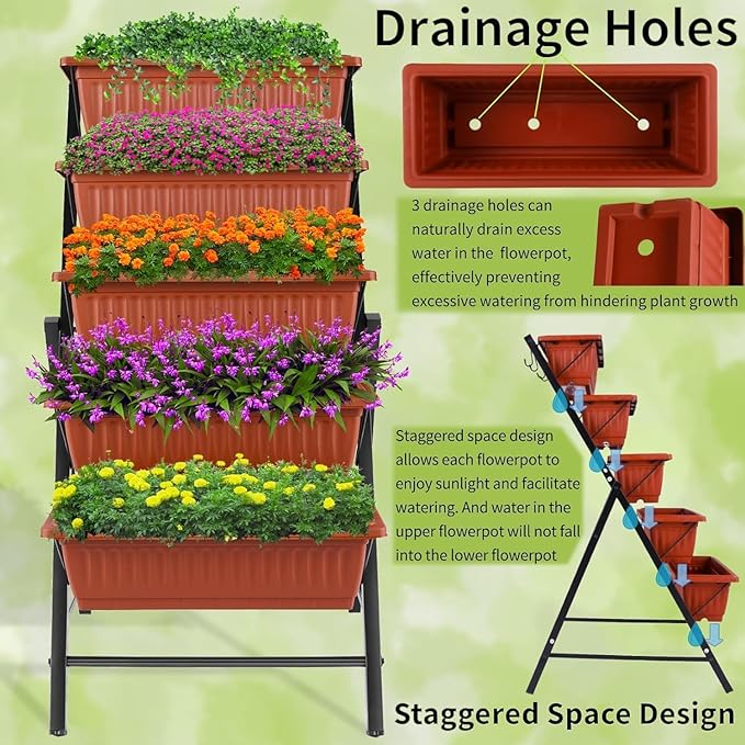 Homdox 2 Pack Vertical Garden Bed, 5 Tiers Vertical Raised Garden Planter, 23 * 26 * 45Inch Outdoor Garden Raised Bed with 4 Hooks, Vegetable Flower Planter Raised Stand for Garden Patio Yard, Brown