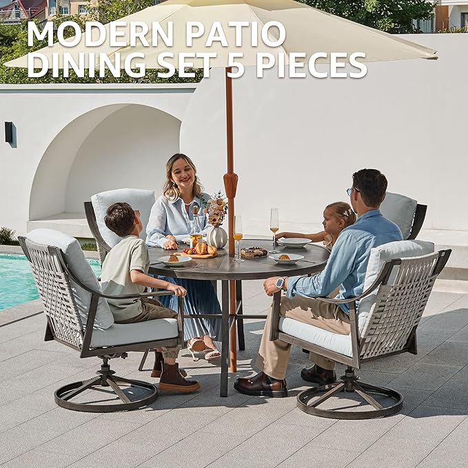 NATURAL EXPRESSIONS 5-Piece Outdoor Patio Dining Set, 4pcs Patio Swivel Rocking Chairs and 38’’ Round Dining Table with 1.65’’ Umbrella Hole