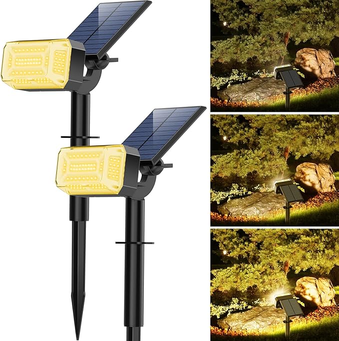 102 LED Solar Spot Lights Outdoor Waterproof IP65, Adjustable Landscape Spotlights, [2 Pack/4 Modes] Auto On/Off Solar Powered Flood Lights for Outside Yard Garden Wall Pathway (Warm White)