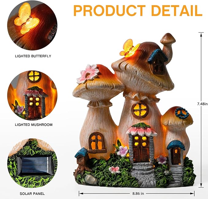 Solar Garden Statue Lights Mushroom Mothers Day Decorations Fairy House Figurine Lights, Outdoor Memorial Garden Ornaments Waterproof Decoration for Outside Patio Yard Lawn Decor