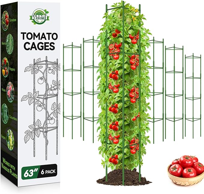Halatool 63 Inch Tomato Cages for Garden, 6 Pack Adjustable Tall Tomato Cage, Garden Stakes Tomato Trellis for Pots, Tomato Plant Support for Raised Garden Bed &Vegetables Flowers
