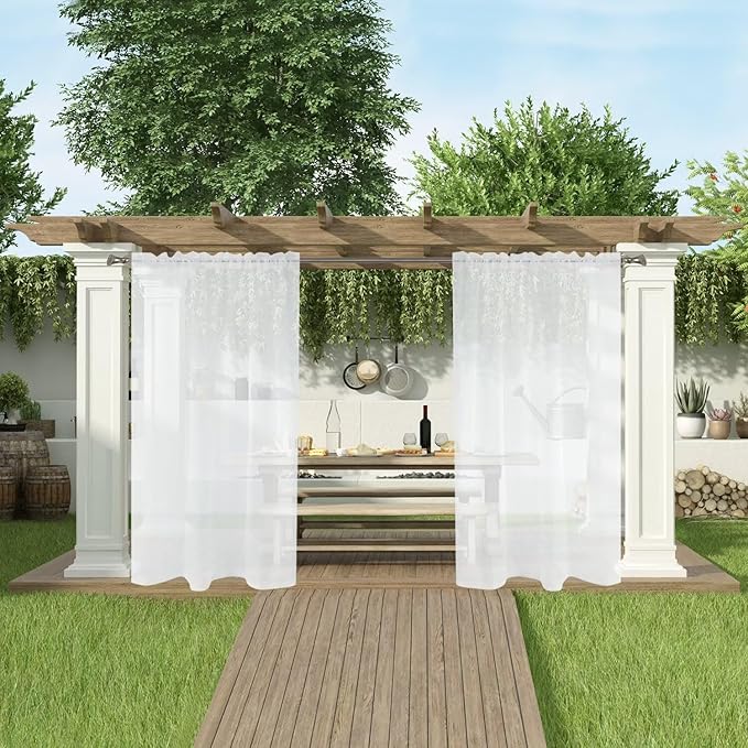 SpaceDresser Waterproof Outdoor Sheer Curtains for Patio - 4 Panels Rod Pocket Indoor Voile Sheer Curtain for Living Room,52W x 84L inch, White