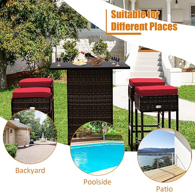 Tangkula 5 Piece Outdoor Rattan Bar Set, Patio Bar Furniture with 4 Cushions Stools and Smooth Top Table with Hidden Storage Shelf, Outdoor Conversation Set for Poolside, Backyard, Lawn (Red)