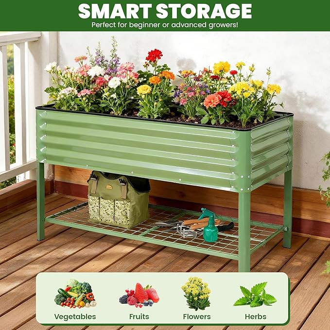Elevated Raised Garden Bed 2' x 4'- Galvanized Metal Planter Boxes with Legs & Storage Rack, Outdoor Planters for Backyard/Patio/Balcony, with Drainage Holes for Vegetables, Flowers, Herbs, Green