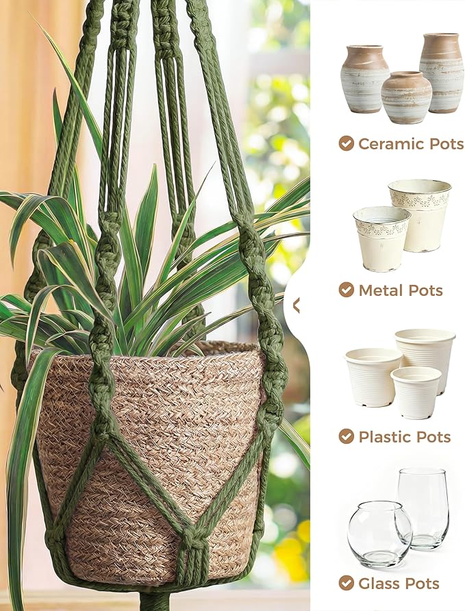Bamworld Macrame Plant Hanger Indoor Hanging Planter for Plants Hanging Plant Basket Macrame Wall Hanging Planters Boho Decor Home Room Decor Aesthetic 36 Inches Natural Green, Set of 2