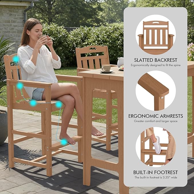 Ciokea 3 Pcs Outdoor Bar Height Table Set, 60" Extra Long Rectangle High Top Table and 2 Oversized Adirondack Chairs Set, Heavy-Duty All-Weather HDPE Patio Bar Set for Backyard Balcony Deck, Teak