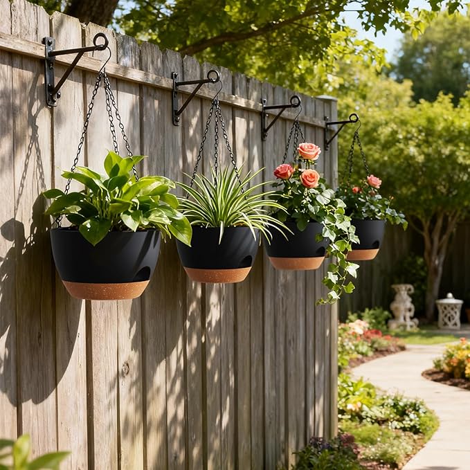 4 Pack 8 Inch Self Watering Hanging Planters for Indoor Outdoor Plants，Hanging Pots for Plants with Drainage Removable Tray, Hanging Baskets Flower Pots for Pothos Spider Garden Black with Brown