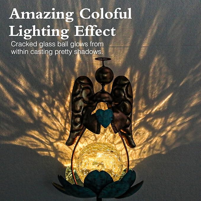 Solar Garden Lights Metal Flower Decor Colorful Solar Pathway Light with LED Cracked Crystal Ball Outdoor Decorative Stake for Patio Yard Lawn Garden Decor (Angel)