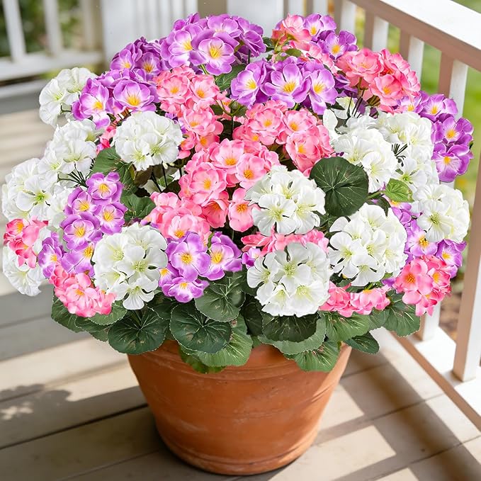 Artificial Geraniums Flowers for Outdoors, 6 Bundles Realistic Silk Fake Geranium, No Fade Faux Plants for Hanging Baskets, Window Boxes, Planters - Porch, Patio, Garden Decor(Mix Colors)
