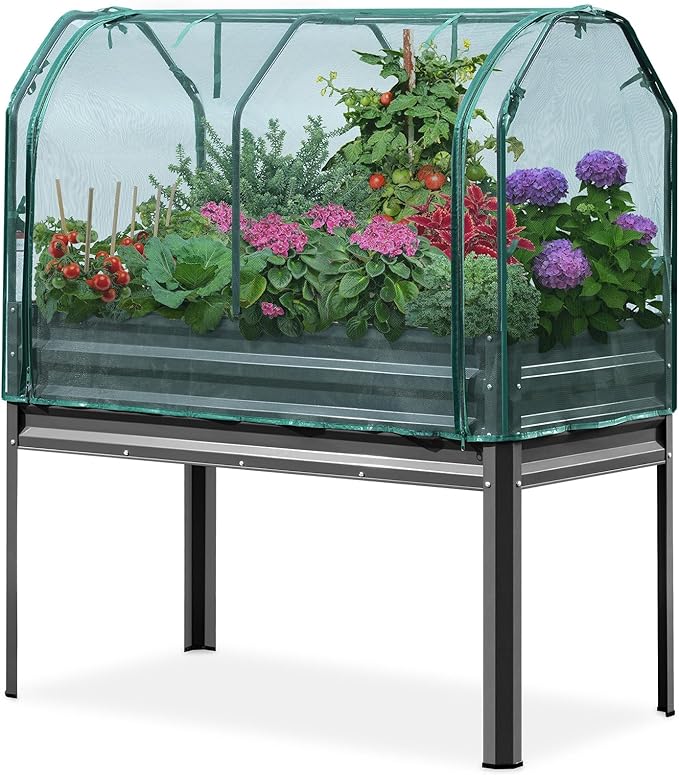 KING BIRD Large Raised Garden Bed with Netting Galvanized Elevated Planter Box with Legs 48×24×56 in for Backyard, Patio, Balcony, 400lb Capacity, Dark Grey