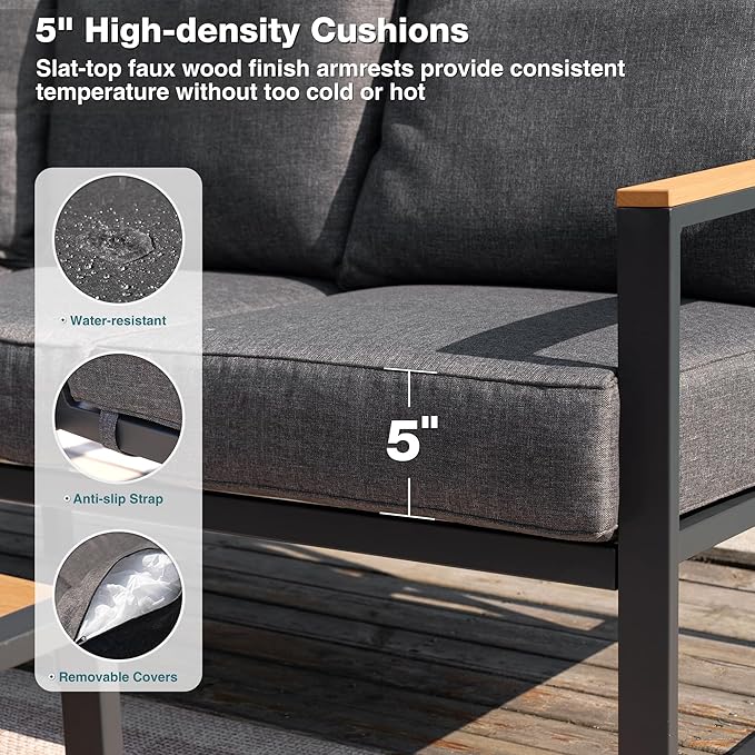 Metal Patio Furniture Set, 6 Pieces Outdoor Sectional Sofa Set with Side Table, L Shape Patio Conversation Set with Faux-Wood Tabletop, Outdoor Couch for Balcony, Porch, Backyard, Grey