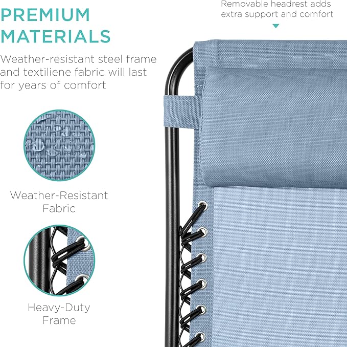 Best Choice Products Set of 2 Adjustable Steel Mesh Zero Gravity Lounge Chair Recliners w/Pillows and Cup Holder Trays - Dusty Blue/Black