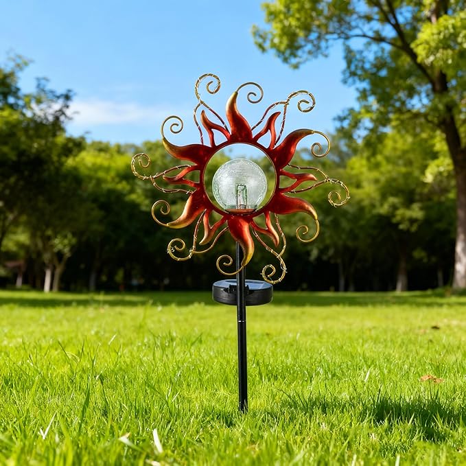 Solar Lights Outdoor Waterproof Red Sun Metal Crackle Glass Stake Decorative for Outside,Yard,Lawn,Patio,Walkway Mothers'Day Gifts Mom Grandma Garden Lover