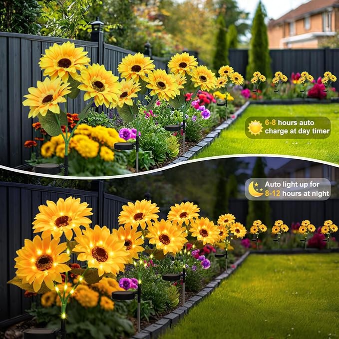 echosari 4 Pack Solar Lights Outdoor Waterproof, Sunflower Solar Stake Lights Auto ON/Off Solar Garden Decorative Lights for Lawn Pathway Landscape Birthday Gifts for Mom Women