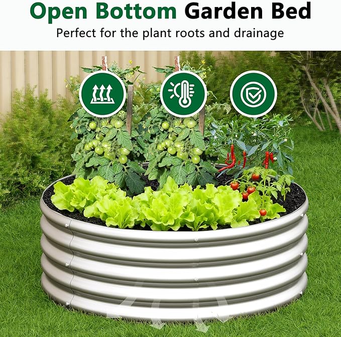 zizin 2 Pcs Round 4x4x1ft Raised Garden Bed Kit Metal Planter Box for Planting Vegetables, Silver