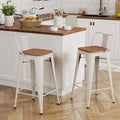 Yongchuang 30 inch Bar Stools Set of 2 Kitchen Bar Height Chairs with Wood Seat Industrial Low Back Metal Barstools Cream White