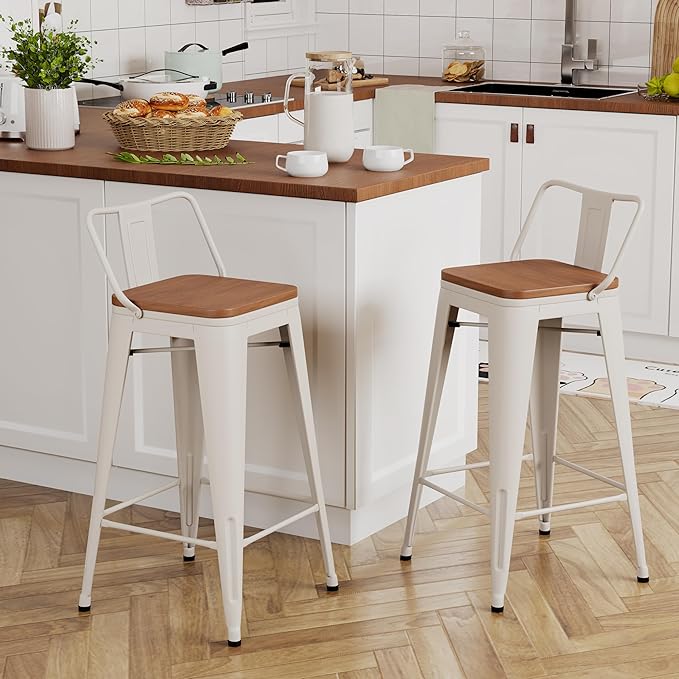 Yongchuang 30 inch Bar Stools Set of 2 Kitchen Bar Height Chairs with Wood Seat Industrial Low Back Metal Barstools Cream White