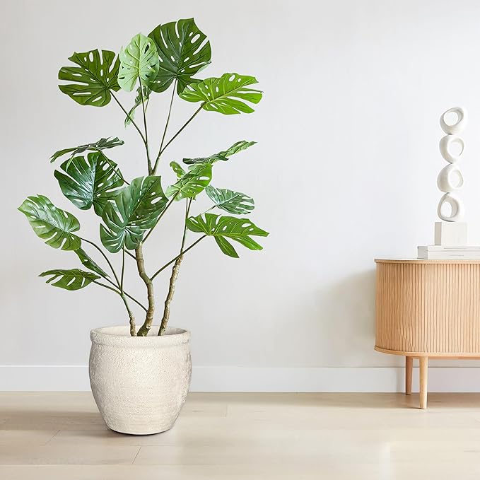 12" Dia Fiberstone Planter – Modern Farmhouse Indoor/Outdoor Flower Pot, Beige Container with Grainy Matte Texture & Built-in Drainage Hole | Decorative Pot for Patio, Porch, Garden
