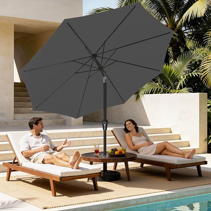 MEWAY 9ft Patio Umbrella Outdoor Table Umbrellas with Push Button Tilt and Crank, Market Umbrella 8 Sturdy Ribs for Deck, Garden, Pool and Backyard, Gray