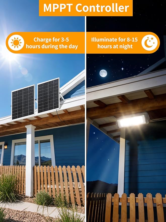 WERISE Solar Flood Lights Outdoor Waterproof IP66, 3600 Lumen 6500K LED Floodlight with 16.4ft Wire, 30000mAh Battery Dusk to Dawn Solar Powered Security Light with Remote Control for Shed Garage Barn