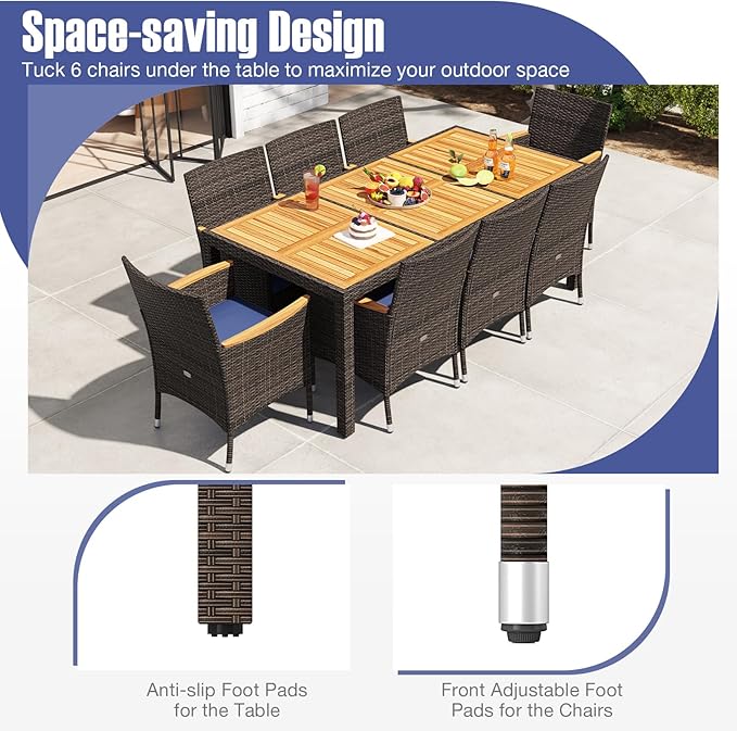 Tangkula 9 Pieces Rattan Outdoor Dining Set for 8, Outdoor Acacia Wood Table Set with 8 Cushioned Wicker Chairs, Umbrella Hole, Patio Dining Furniture Set for Deck Pool Backyard