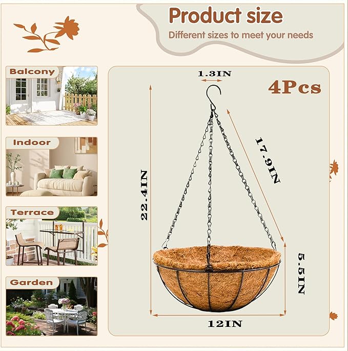 12 inch Metal Hanging Baskets For Plants Outdoor 4 Pack Round Metal Wire Hanging Basket Planter with Coco Fiber Liners Chain Round Wire Plant Holder for Garden, Patio, Deck, Porch Plants Flower Potss
