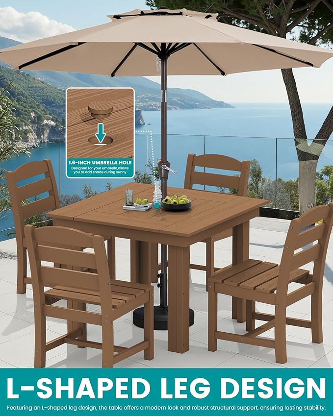 SERWALL Outdoor Dining Set for 4, HDPE Square Table and Chairs Set All Weather Patio Dining Set with 4 Armless Chairs for Patio, Brown