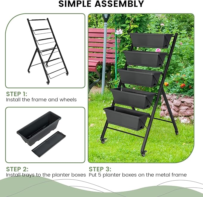 Giantex Vertical Raised Garden Bed on Wheels, Elevated Planter Raised Beds with Water Drainage, Freestanding 5 Container Boxes for Vegetables and Flowers Growing, Outdoor Indoor Patio Balcony