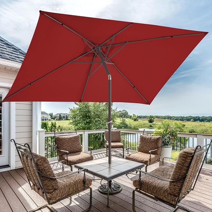 JEAREY 6.5x10 ft Rectangular Patio Umbrellas Rectangle Outdoor Umbrella with Push Button Tilt and Crank, Market Table Umbrella 6 Sturdy Ribs UV Protection for Poolside Garden Backyard Deck, Red