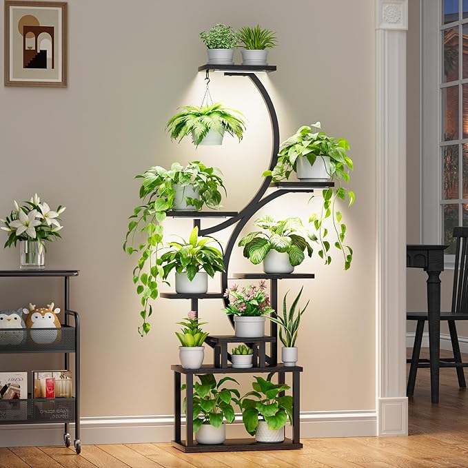 Plant Stand Indoor with Grow Lights - 62" Tall Plant Shelf, Lighted Corner Plant Stands for Indoor Growing, 8 Tiered Large Flower Holder, S-Shaped Plants Rack for Living Room, Patent Design, Black