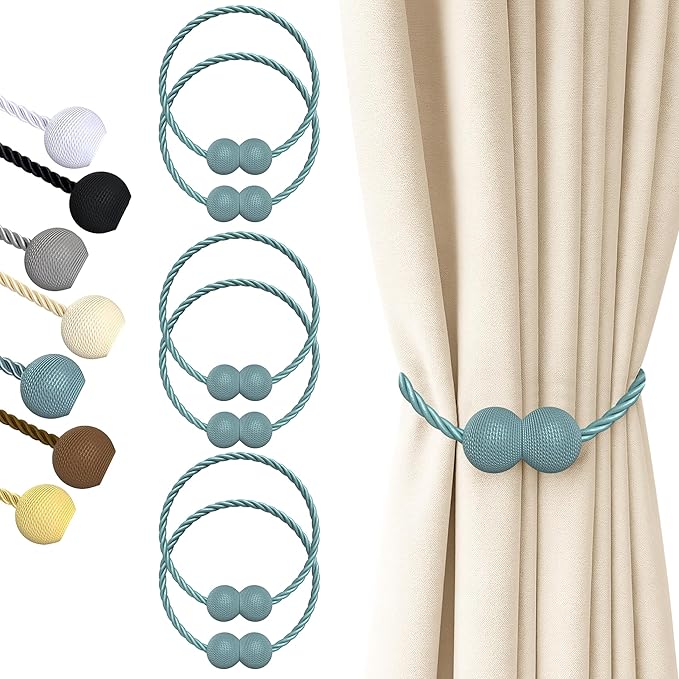 Hion Magnetic Curtain Tiebacks Gray Blue 6 Pack, Curtain Tiebacks Buckles Holdbacks Holders Hooks Clip for Home Bedroom Office Decorative Thick or Thin Curtain