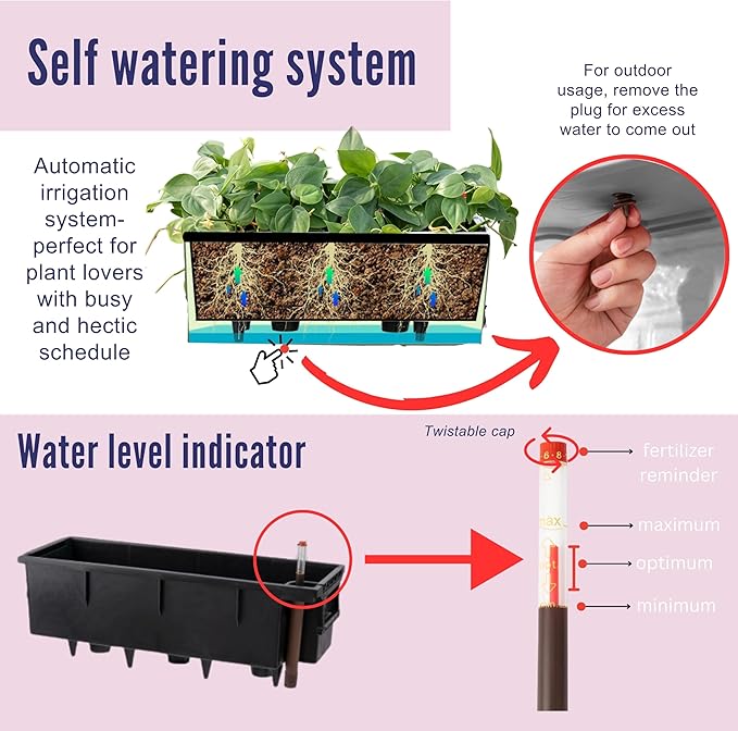 LaLaGreen Wall Planters for Outdoor (2 Pack, 14 Inch) Black Self Watering System Hanging Plant Box Flower Pot, Rectangular Wall Mount Indoor Vertical Living Garden Decoration Window Sill Herb Trendy