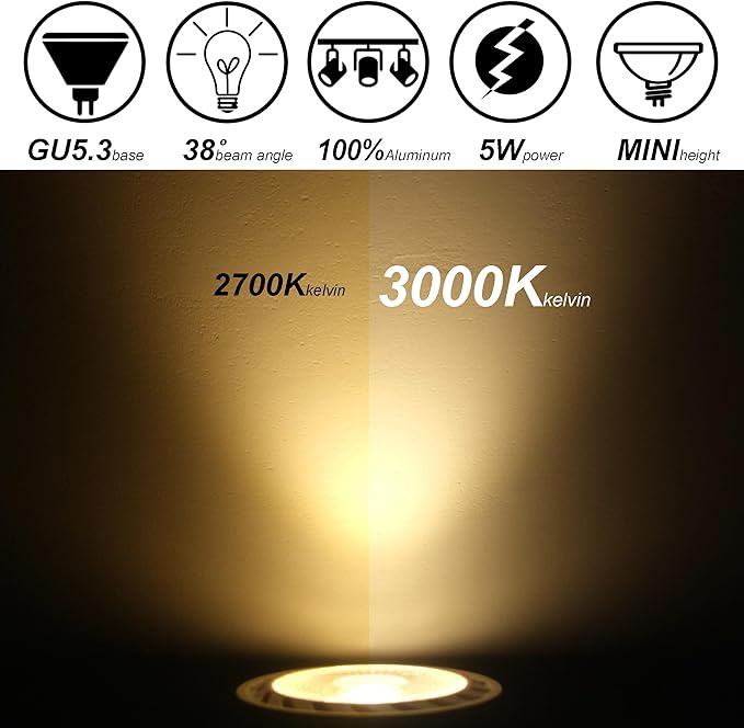 MR16 GU5.3 Led Landscape Bulbs 3000K Warm White 5W, MR16 20W 35W Halogen Replacement,12V Low Voltage Bulb Spotlights for Outdoor Landscape Flood Indoor Track Lighting,Not Dimmable,450lm,38 Deg,6 Pack